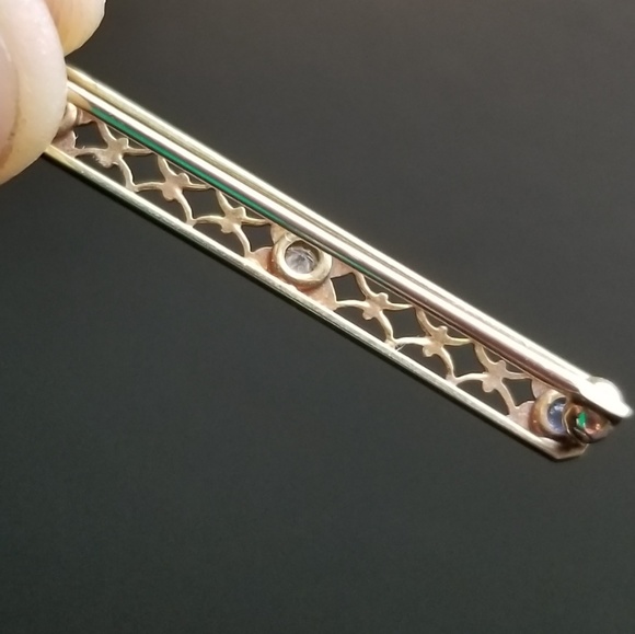 Art Deco14KGold Diamond&Sapphire Bar Brooch 1930's - Picture 5 of 5